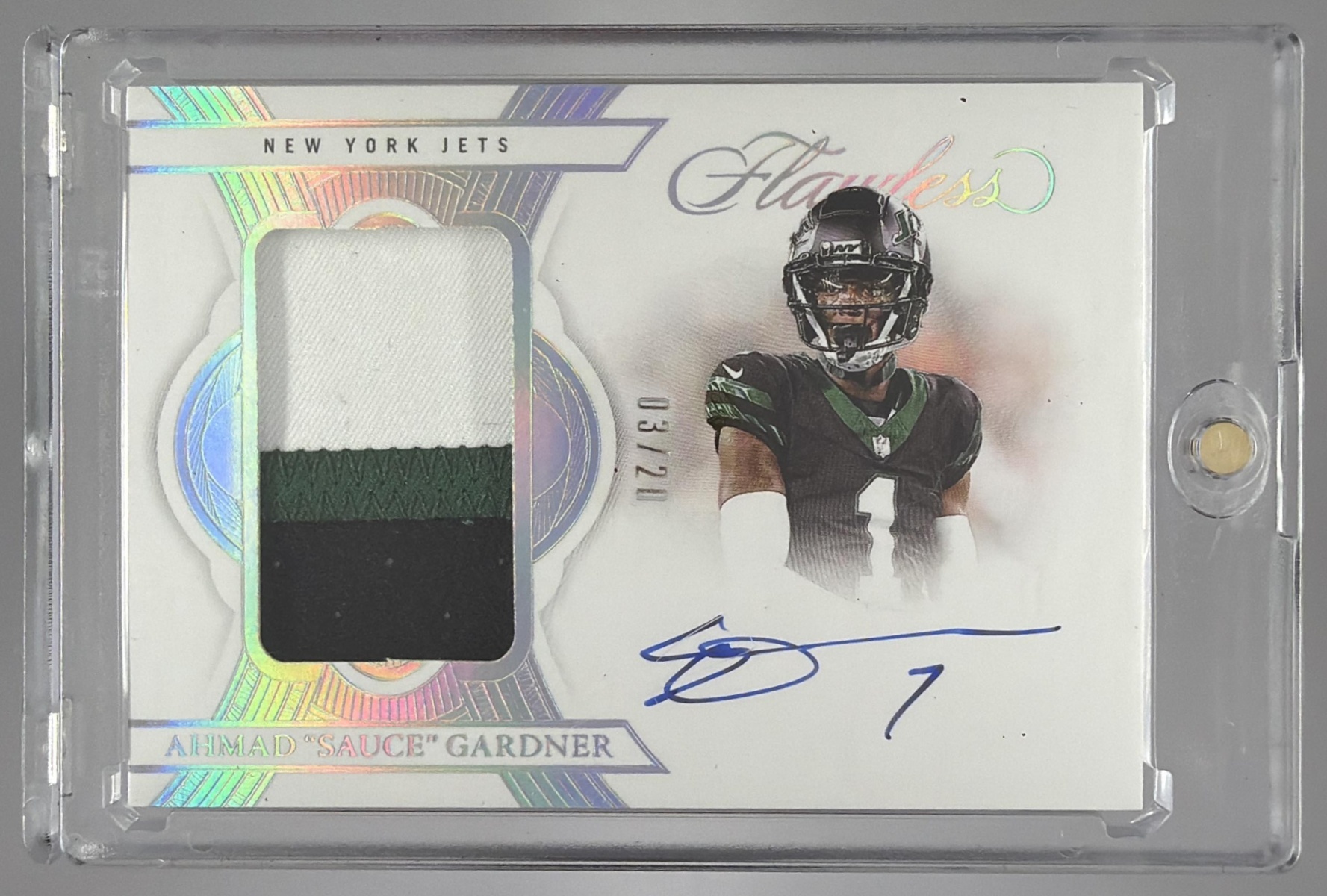 Card image for 2024 Panini Flawless Ahmad Sauce Gardner Patch Auto Silver /20 #15 MEM Jets