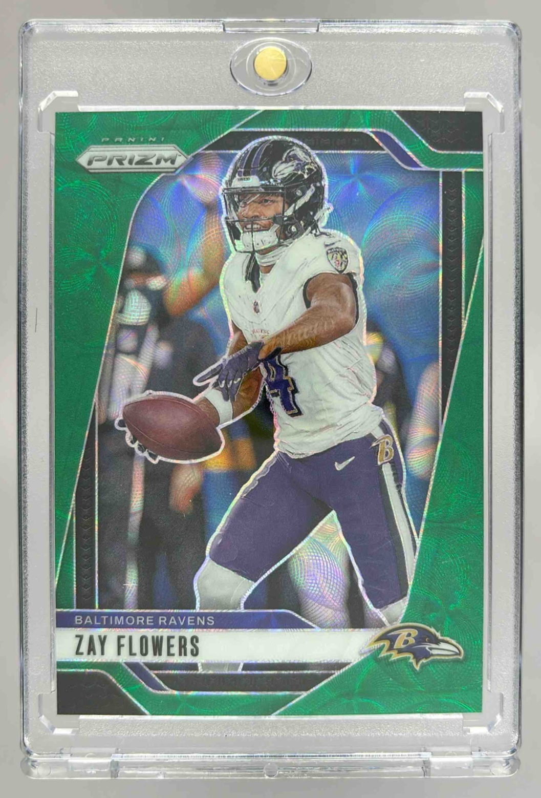 Card image for 2024 Panini Football Prizm Zay Flowers Green Scope /75 #21 Baltimore Ravens
