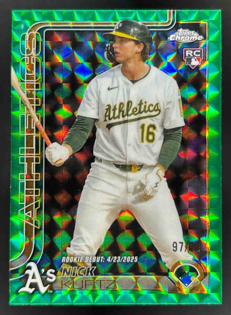 Card image for 2025 Topps Chrome Update Nick Kurtz Green Geometric Refractor /99 RC