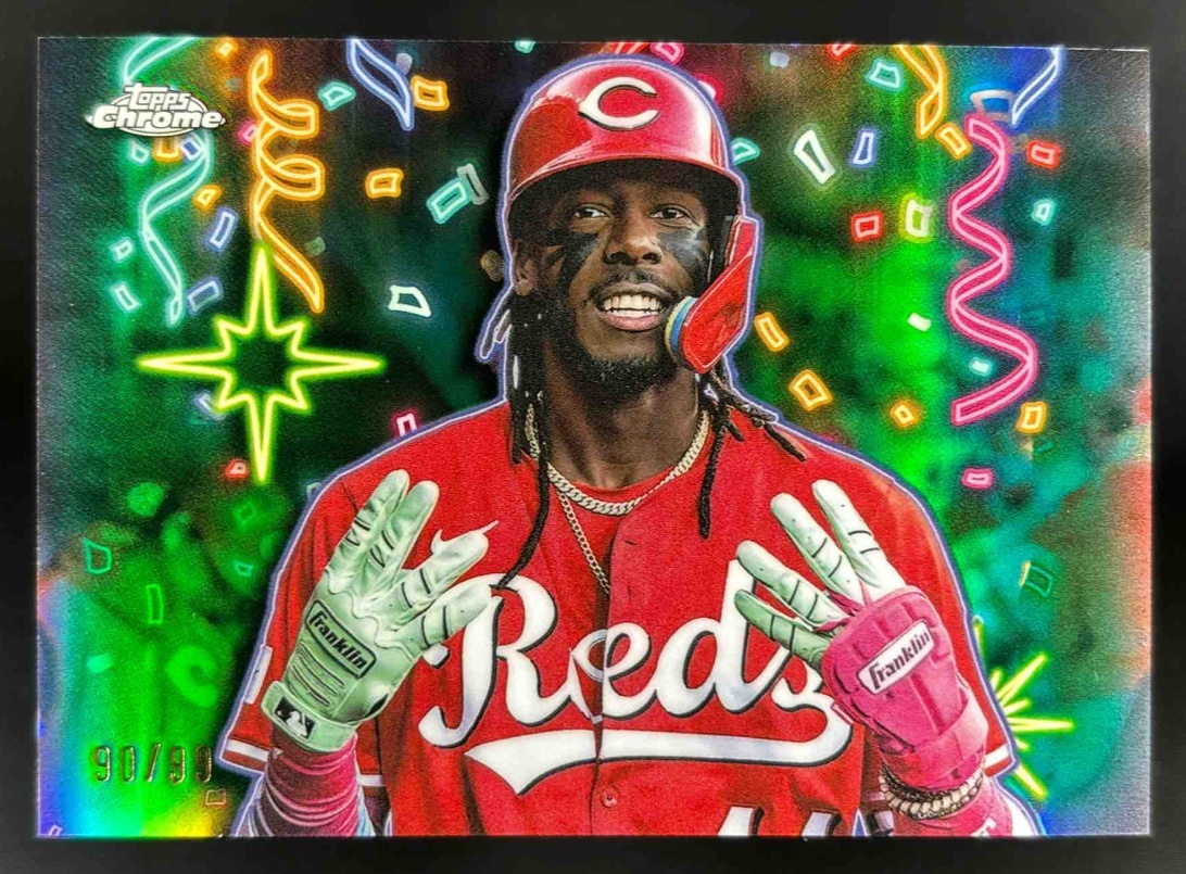 Card image for 2025 Topps Chrome Update Elly De La Cruz Celebracion Green Refractor /99