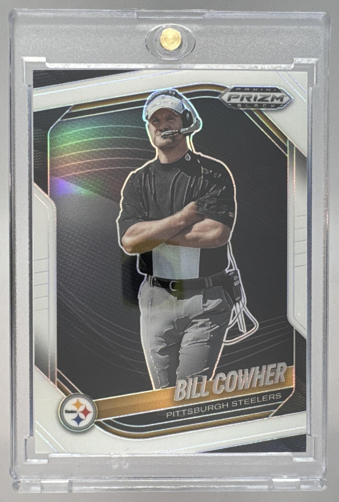 Card image for 2025 Panini Football Prizm Black Bill Cowher White /175 #118 Pittsburgh Steelers
