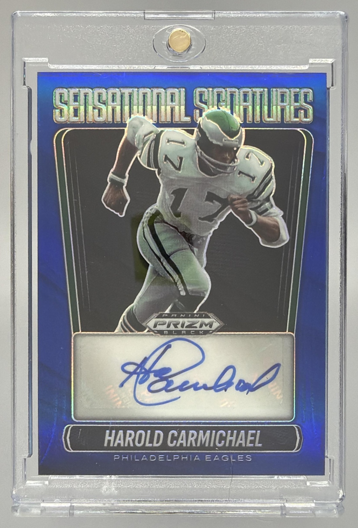 Card image for 2025 Panini Prizm Black Harold Carmichael Sensational Signatures Blue /49 #SS-HCL Auto Eagles