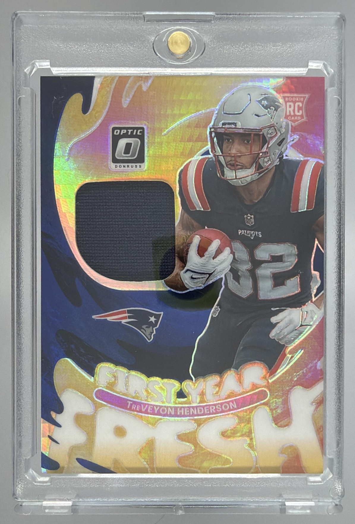 Card image for 2025 Panini Donruss Optic TreVeyon Henderson First Year Fresh #FYFBH-THN MEM RC Patriots