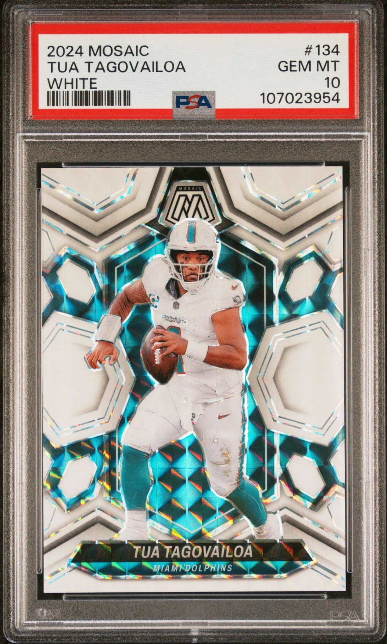 Card image for 2024 Panini Football Mosaic Tua Tagovailoa White Prizm /25 #134 Miami Dolphins