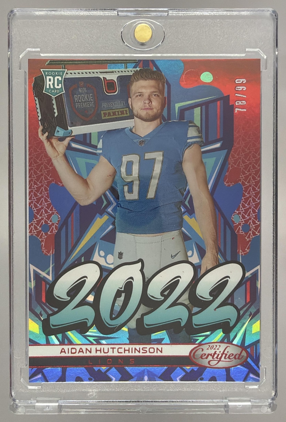 Card image for 2022 Panini Certified Aidan Hutchinson Mirror Red /99 #2022-19 RC Lions