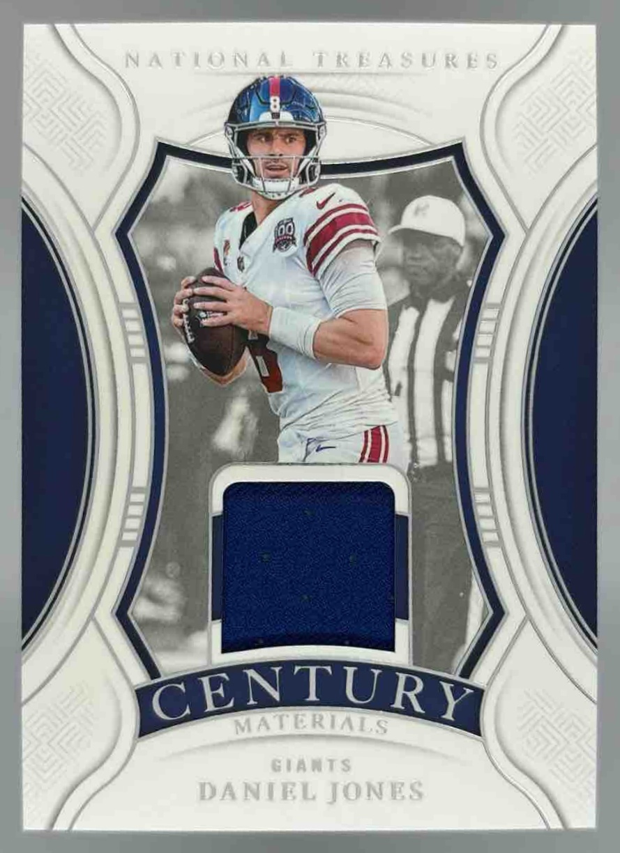Card image for 2024 Panini National Treasures Daniel Jones Century Materials /99 #CM-DJS MEM Giants