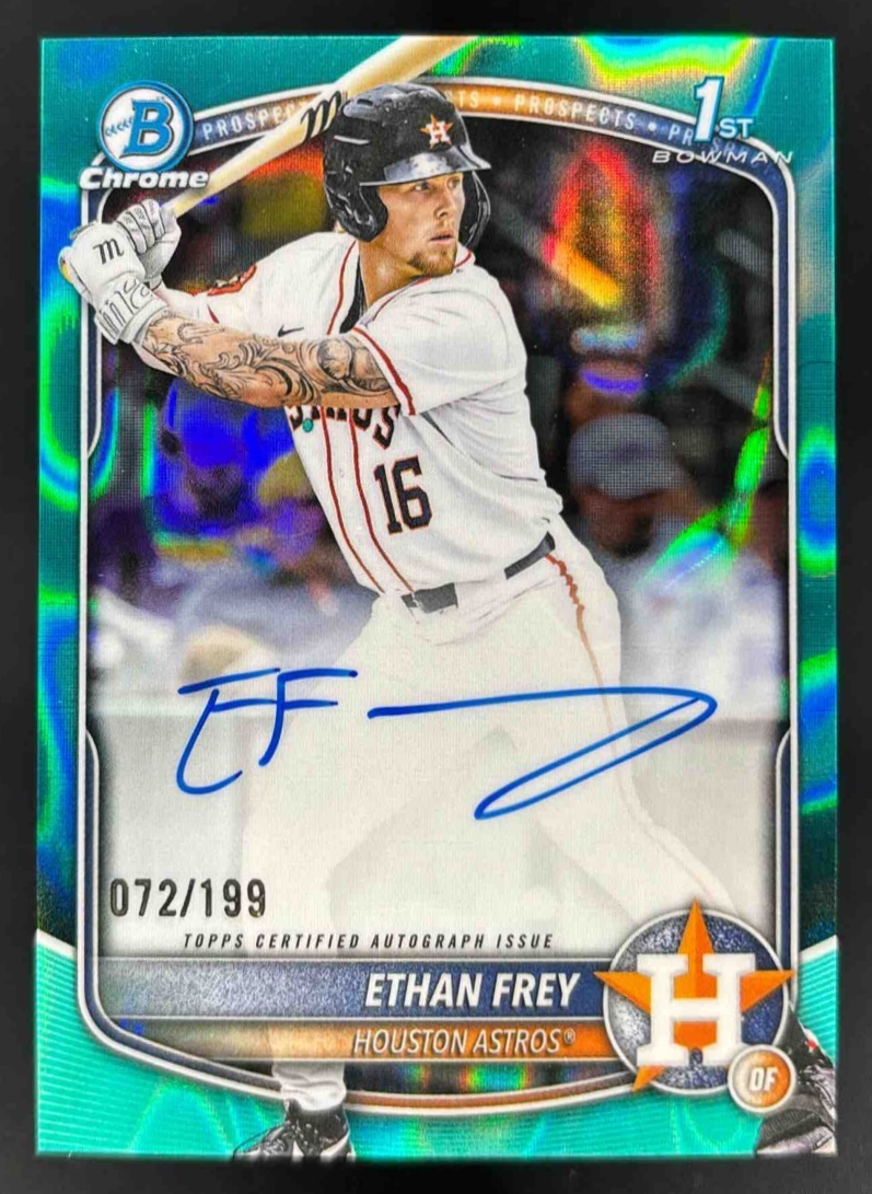 Card image for 2025 Bowman Draft Ethan Frey Chrome Auto Aqua Lava Refractor /199 1st Prospect