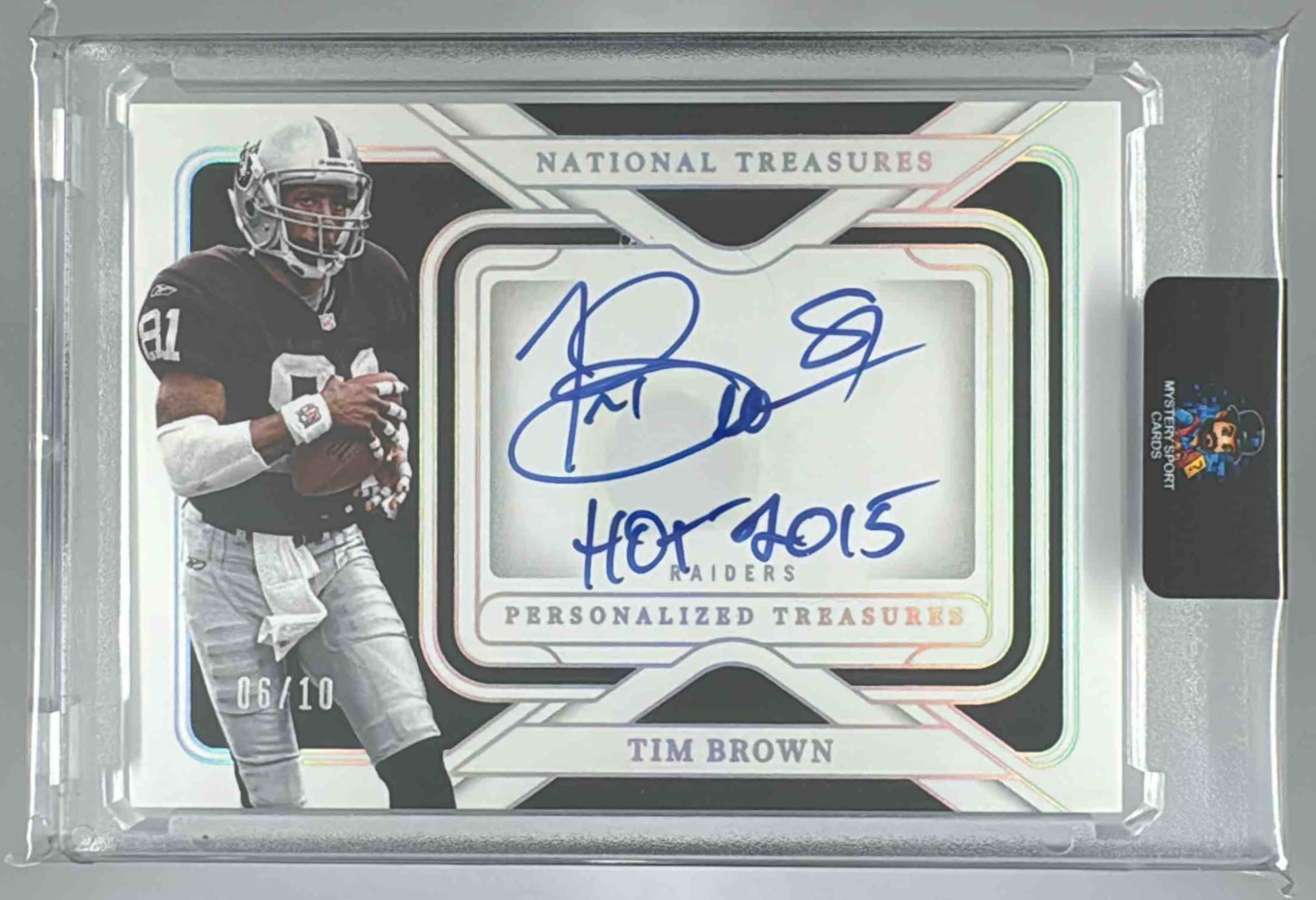 Card image for 2025 Panini National Treasures Tim Brown Colossal Signatures Holo Silver /25 #27 MEM Auto Raiders