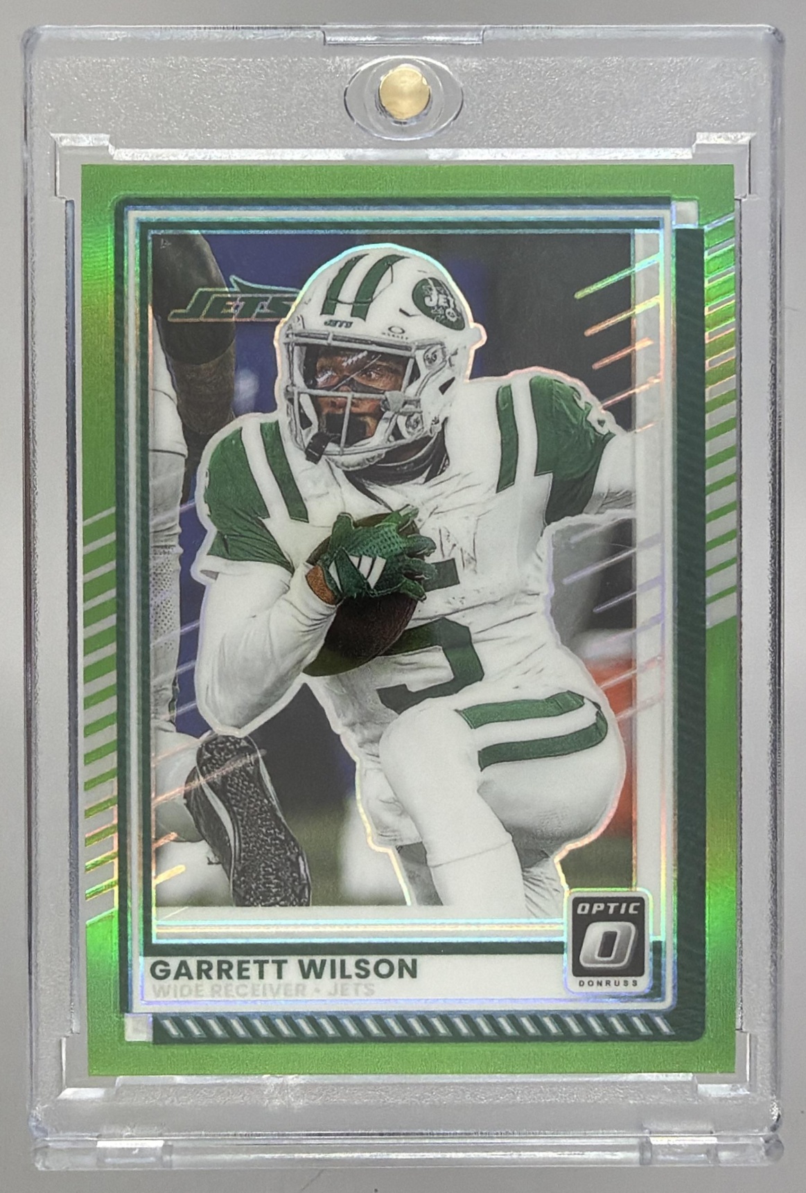 Card image for 2025 Panini Donruss Optic Garrett Wilson Lime Green Prizm /50 #95 Jets
