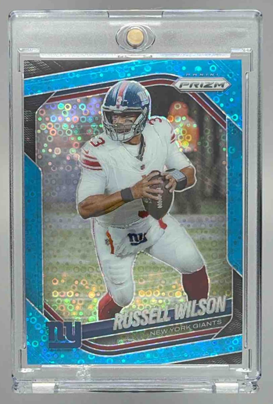 Card image for 2025 Panini Football Prizm Russell Wilson Purple /125 #202 New York Giants