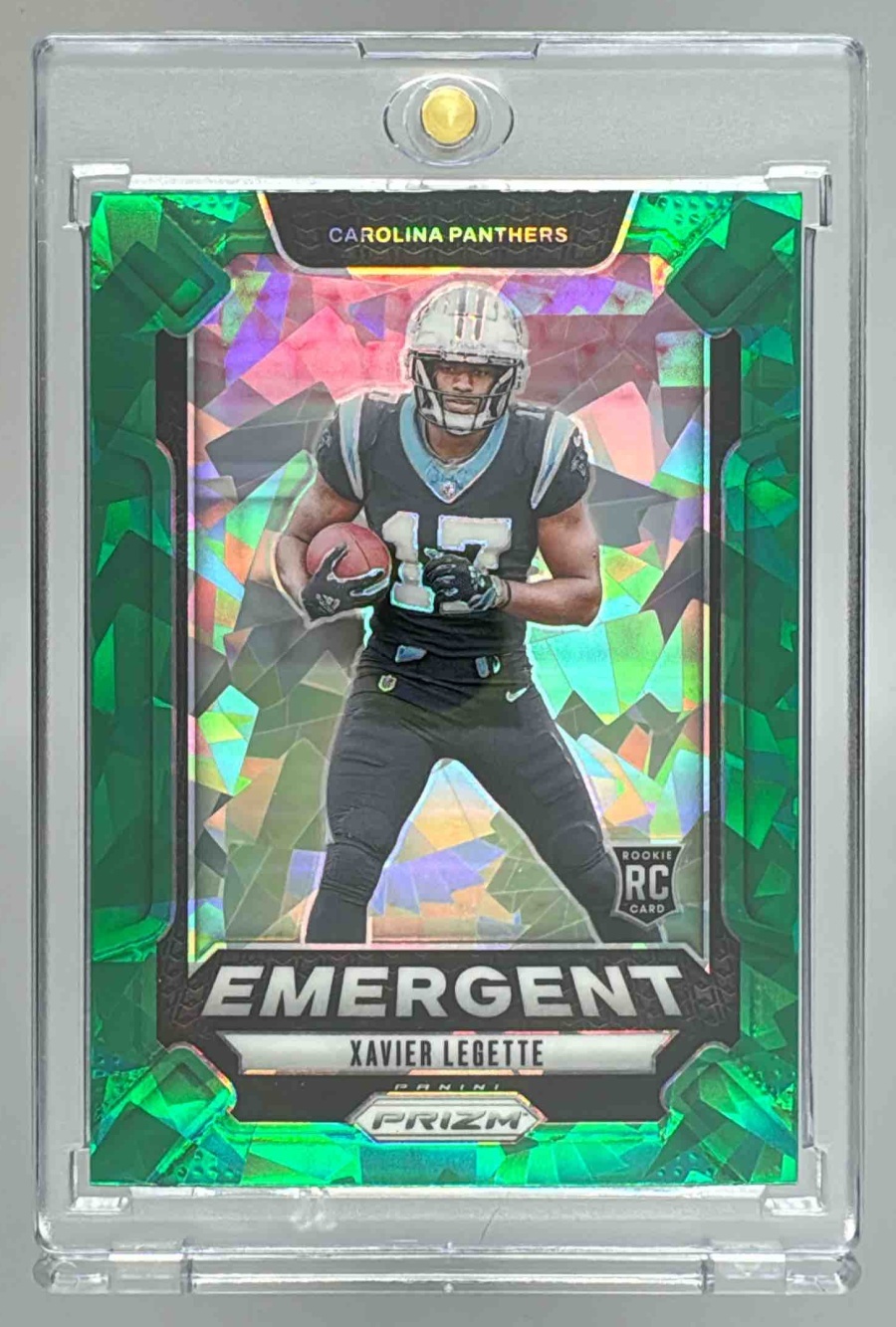 Card image for 2024 Panini Prizm Xavier Legette Emergent Green Ice #15 RC Panthers