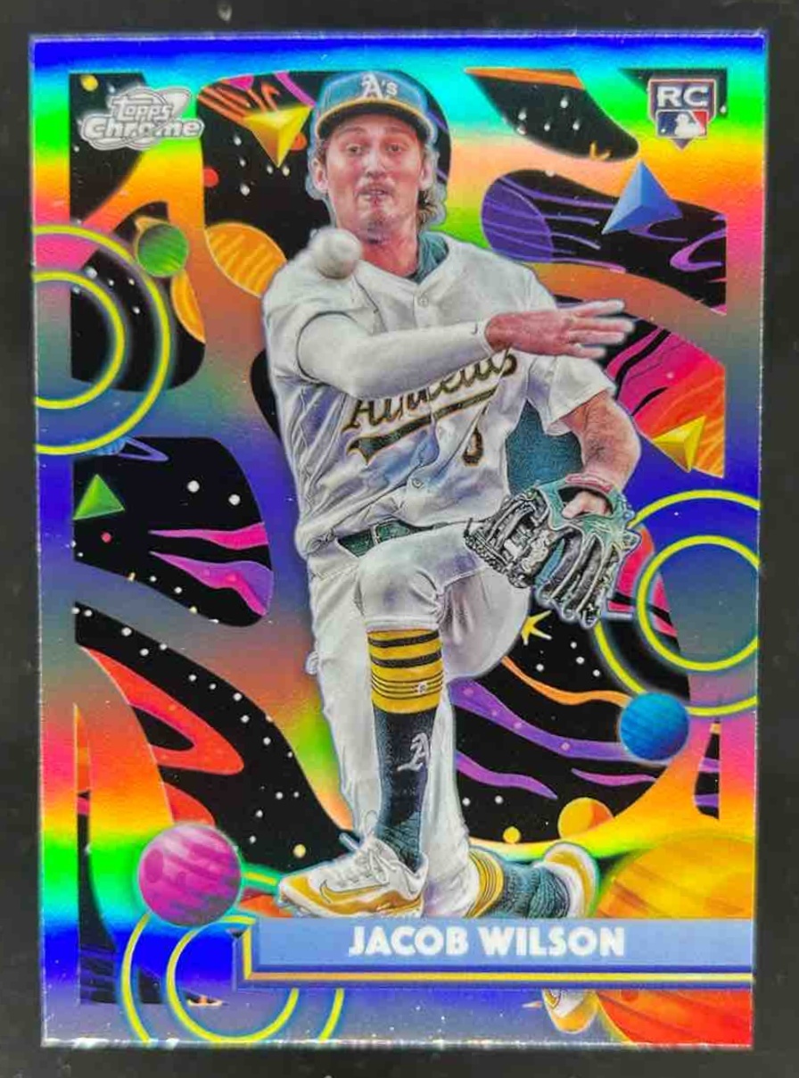 Card image for Jacob Wilson 2025 Topps Baseball Cosmic Chrome Refractor RC Athletics
