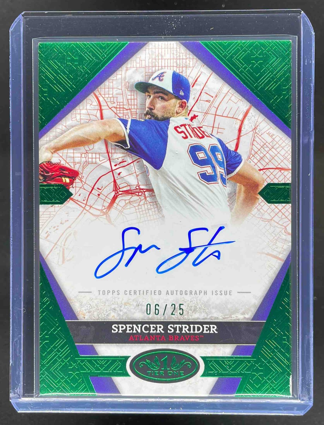 Card image for 2025 Topps Tier One Spencer Strider City Connect Signatures Green Foil /30 #CCS-SS Auto