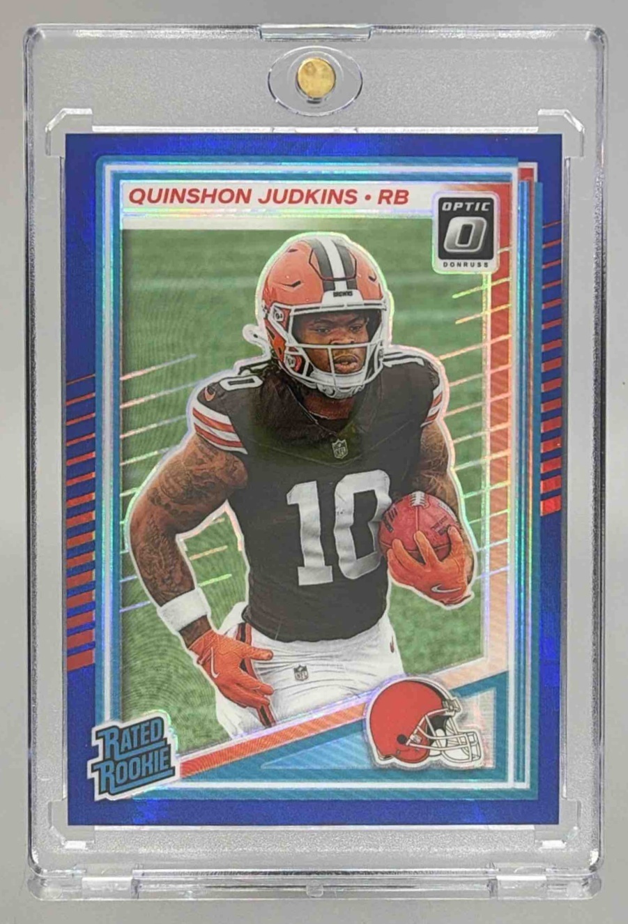 Card image for 2025 Panini Donruss Optic Quinshon Judkins Rated Rookie Purple Shock Prizm #252 Browns