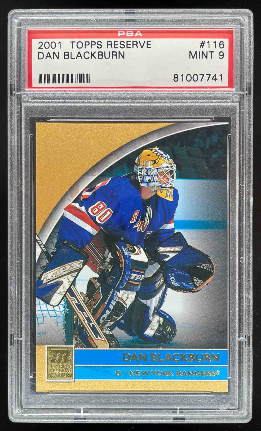 Card image for 2001-02 TOPPS RESERVE DAN BLACKBURN /1099 #116 RC PSA 9 ROOKIE NEW YORK RANGERS