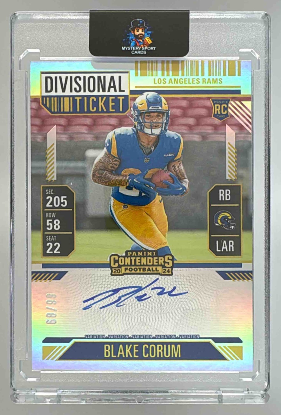 Card image for 2024 Panini Contenders Blake Corum Rookie Ticket RPS Auto Divisional /99 #112 RC Rams