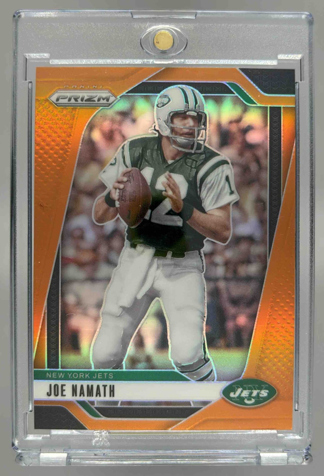 Card image for 2024 Panini Football Prizm Joe Namath Orange /249 #228 New York Jets