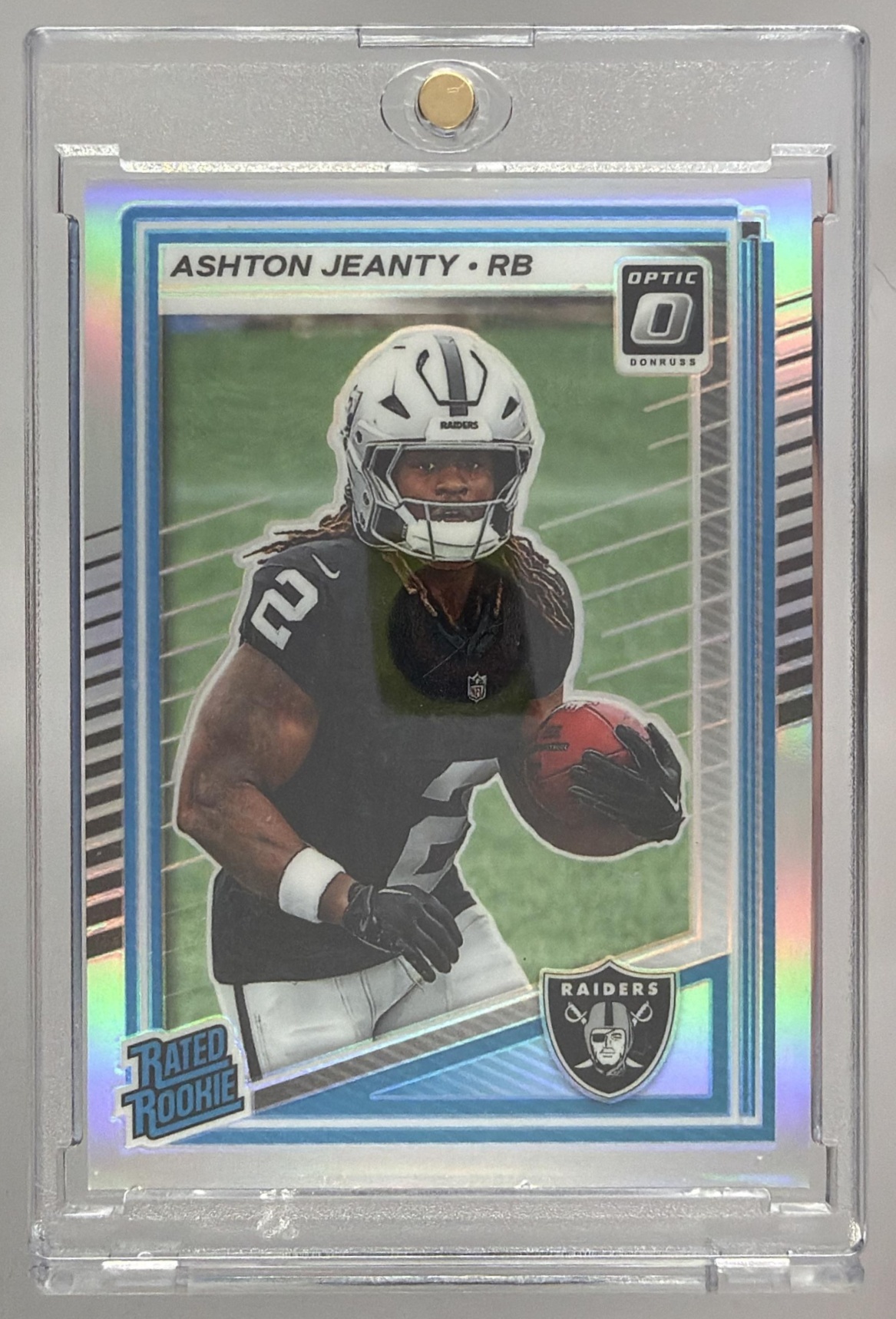 Card image for 2025 Panini Donruss Optic Ashton Jeanty Rated Rookie Green Hyper Prizm #202 Raiders
