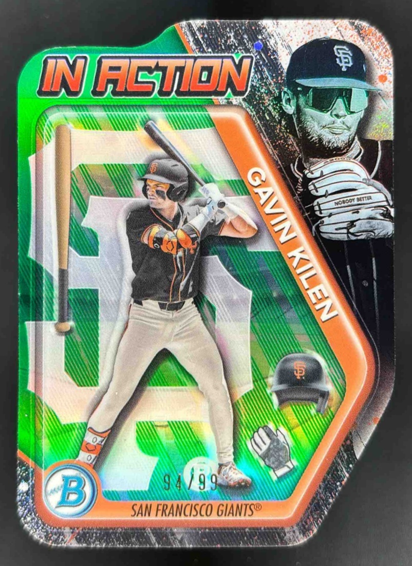Card image for 2025 Bowman Draft Gavin Kilen In Action Green Refractor /99 #BIA-13 Giants
