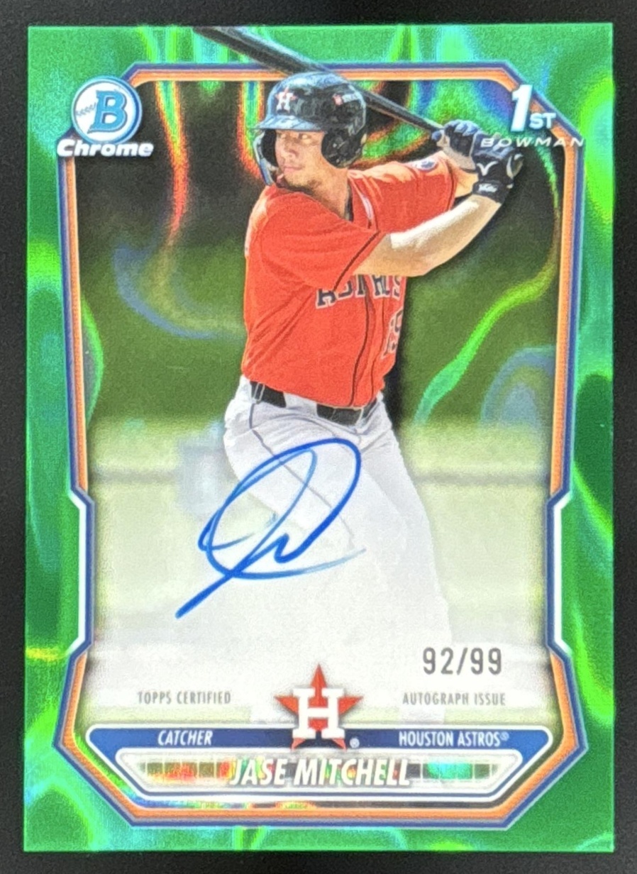 Card image for 2026 Bowman Jase Mitchell Chrome Auto Green Lava Refractor /99 1st Prospect
