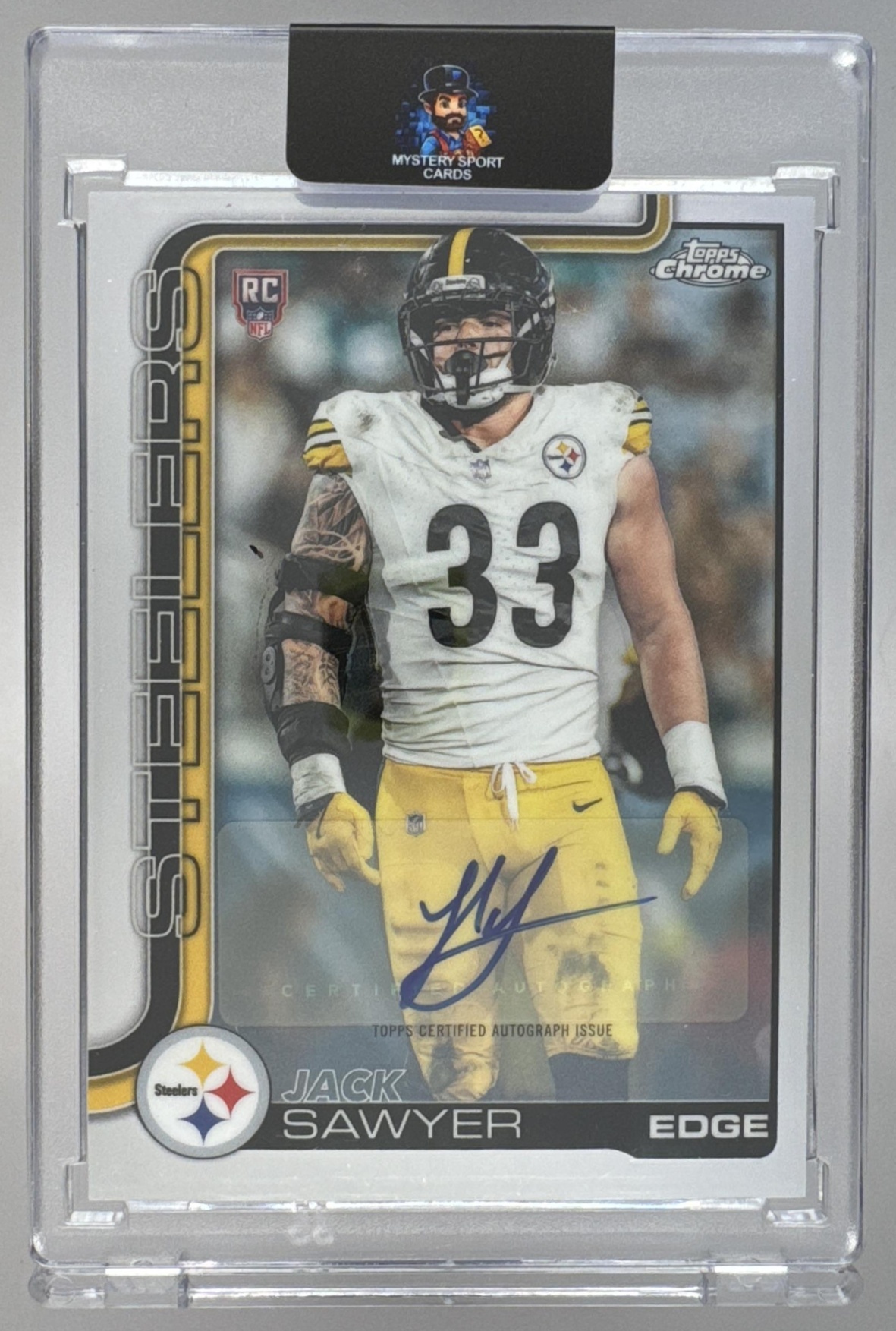 Card image for 2025 Topps Chrome Jack Sawyer Rookie Auto #RA-JSA RC Steelers