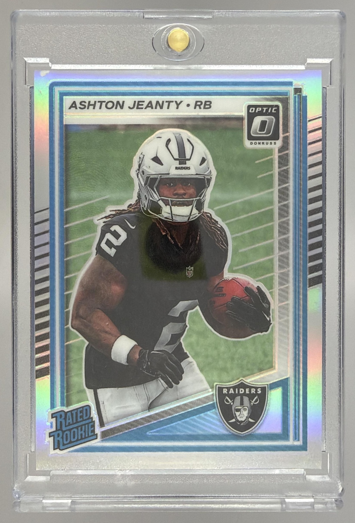 Card image for 2025 Panini Donruss Optic Ashton Jeanty Rated Rookie Green Hyper Prizm #202 Raiders