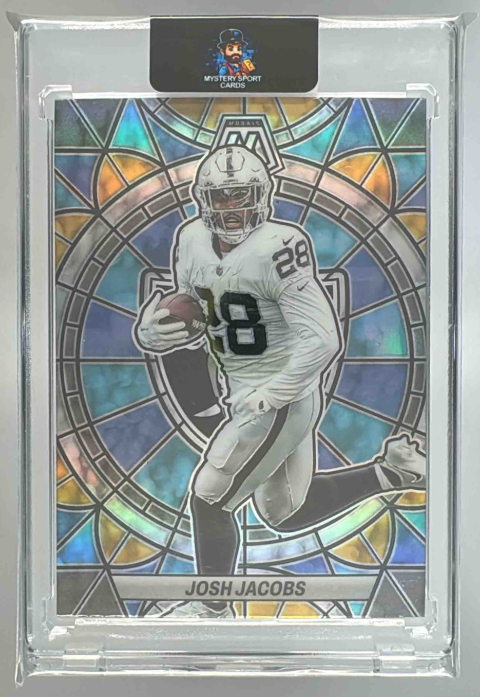Card image for 2023 Panini Football Mosaic Josh Jacobs Stained Glass #SG-12 Las Vegas Raiders