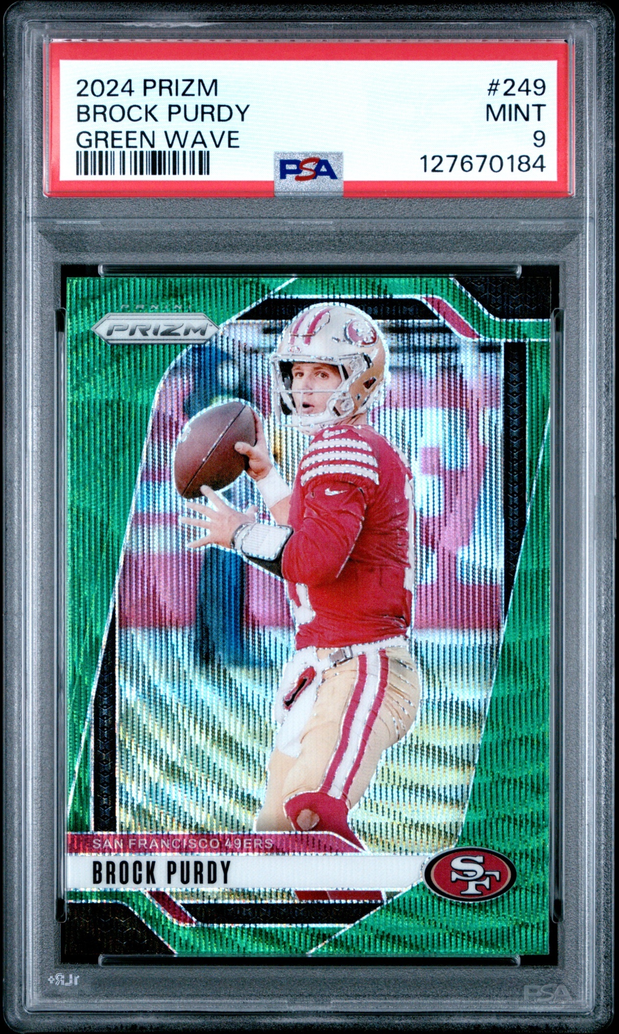 Card image for 2024 Panini Football Prizm Brock Purdy Green Wave #249 San Francisco 49ers