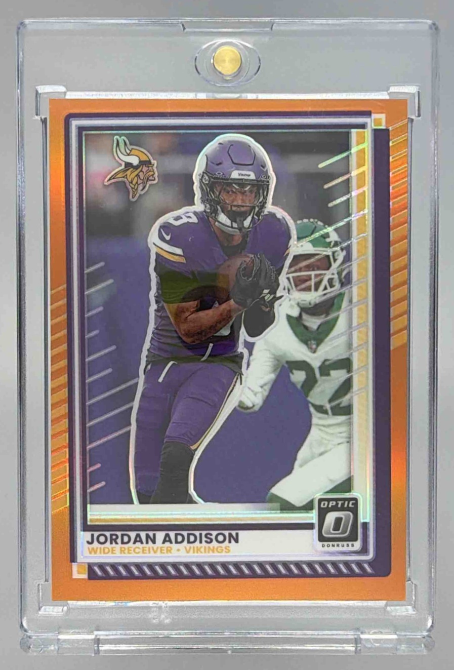 Card image for 2025 Panini Donruss Optic Jordan Addison Orange Prizm /299 #35 Vikings
