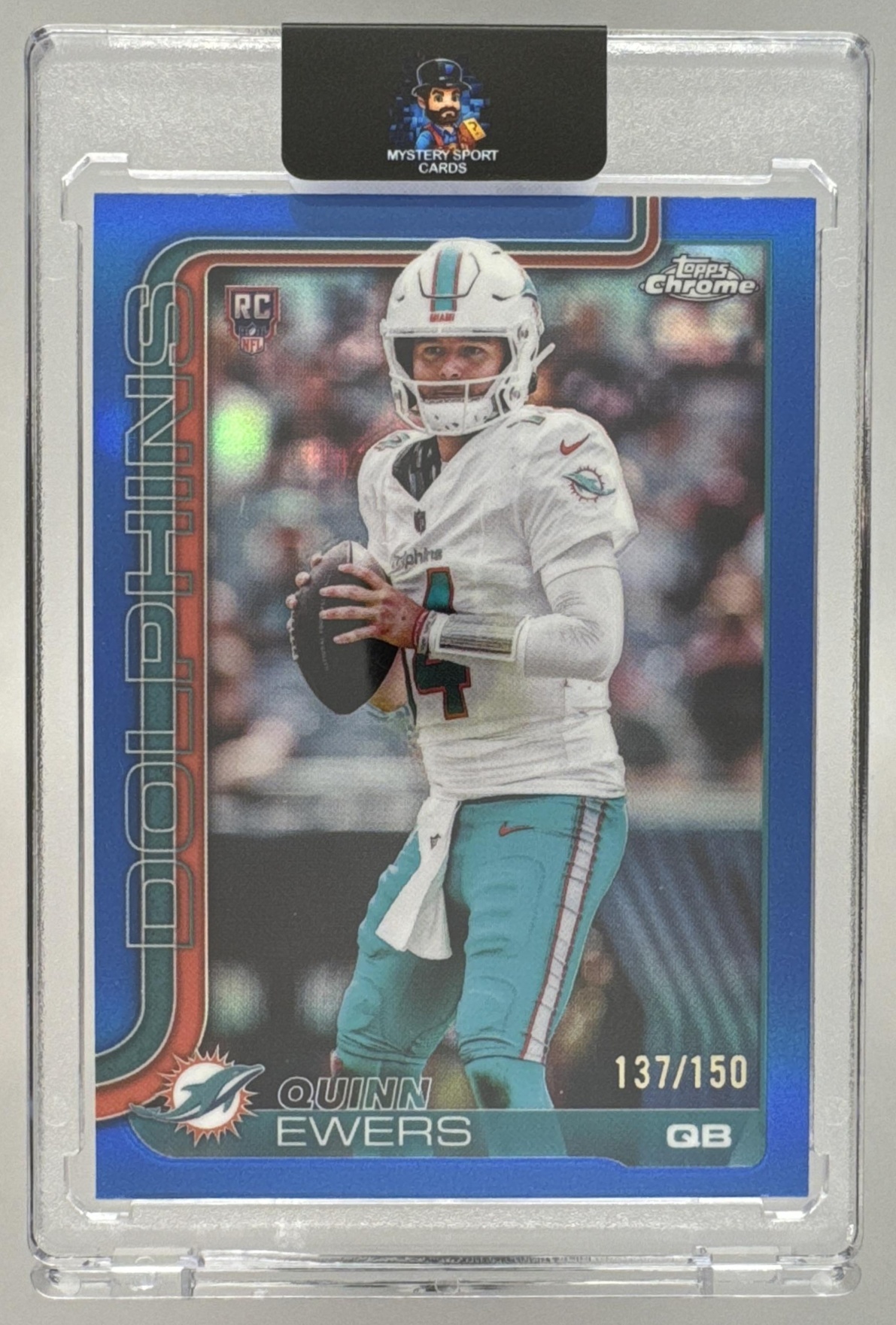 Card image for 2025 Topps Chrome Quinn Ewers Rookie Blue Refractor /150 #316 RC Dolphins