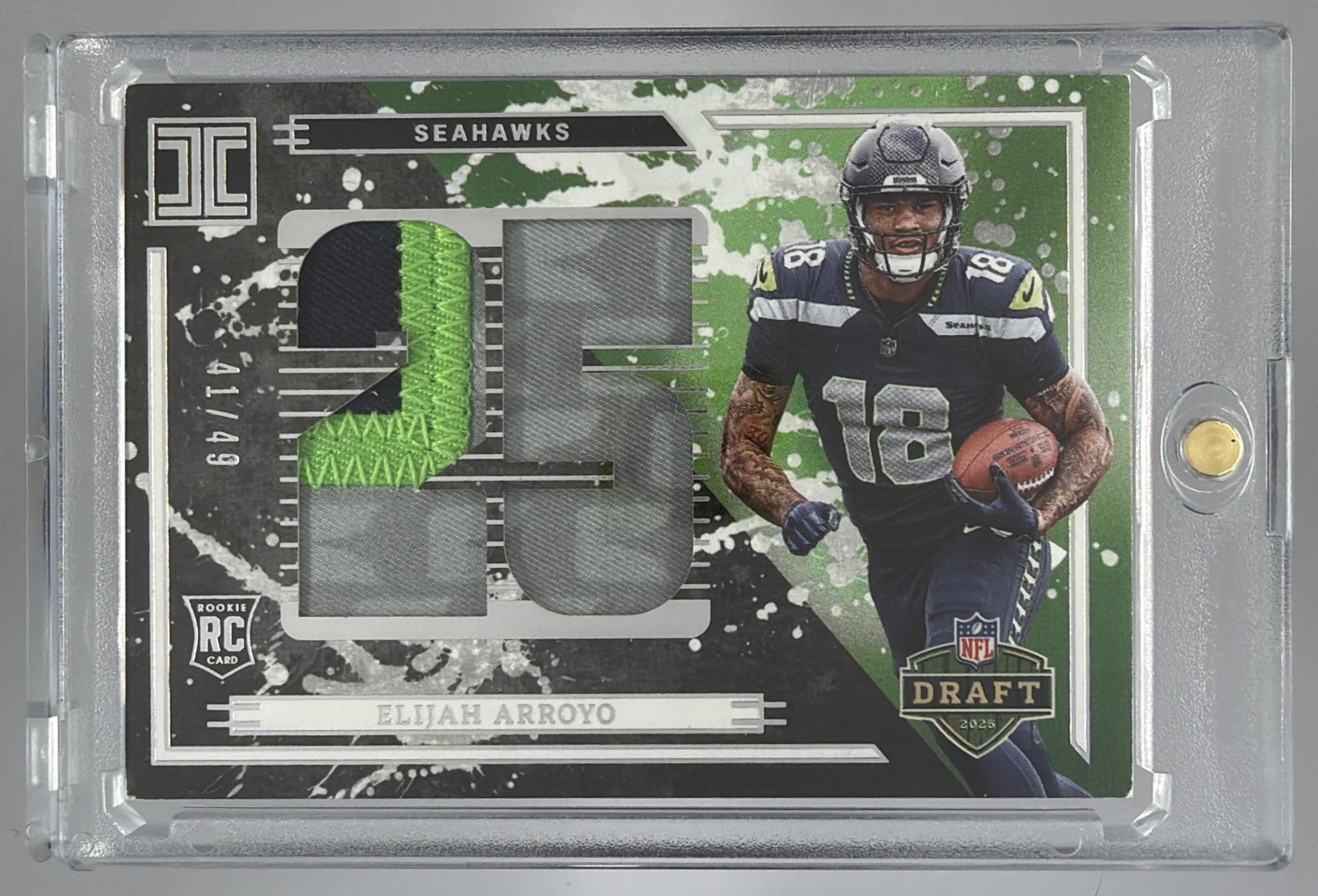 Card image for 2025 Panini Impeccable Elijah Arroyo Draft Picks /49 #IDP-EAO MEM RC Seahawks
