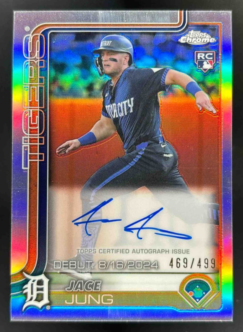 Card image for 2025 Topps Chrome Update Jace Jung Rookie Debut Auto Refractor /499 RC