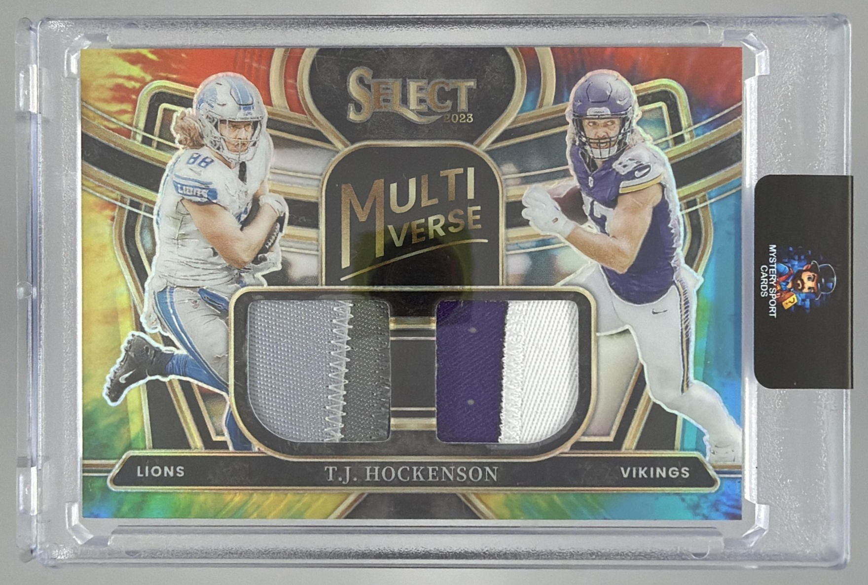 Card image for 2023 Panini Select T.J. Hockenson Multiverse Tie Dye Prizm /25 #MU-THO MEM Lions Vikings