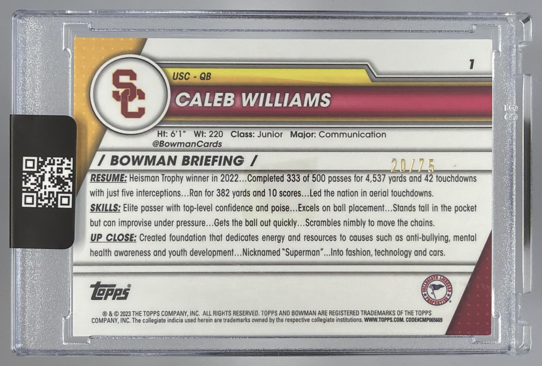 Card image for 2023 Bowman University Chrome Adonai Mitchell Yellow Refractor /75 #10 Longhorns