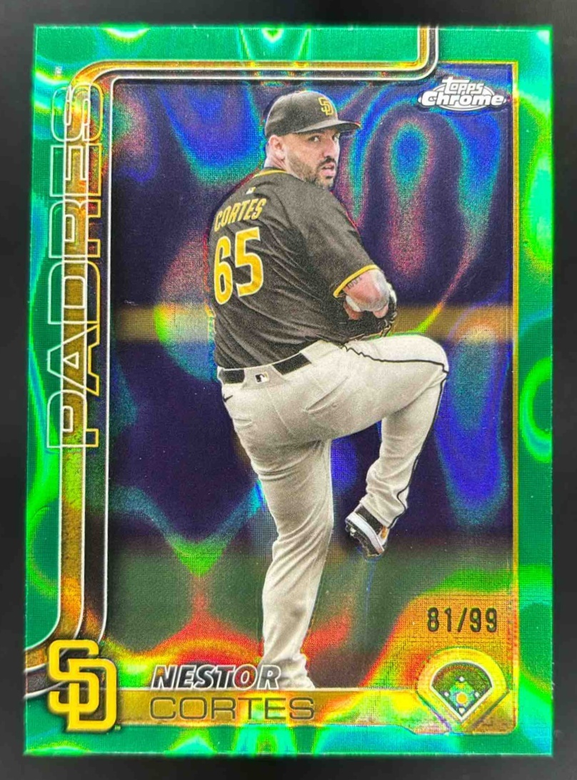 Card image for 2025 Topps Chrome Update Nestor Cortes Green Lava Refractor /99 #USC130 Padres