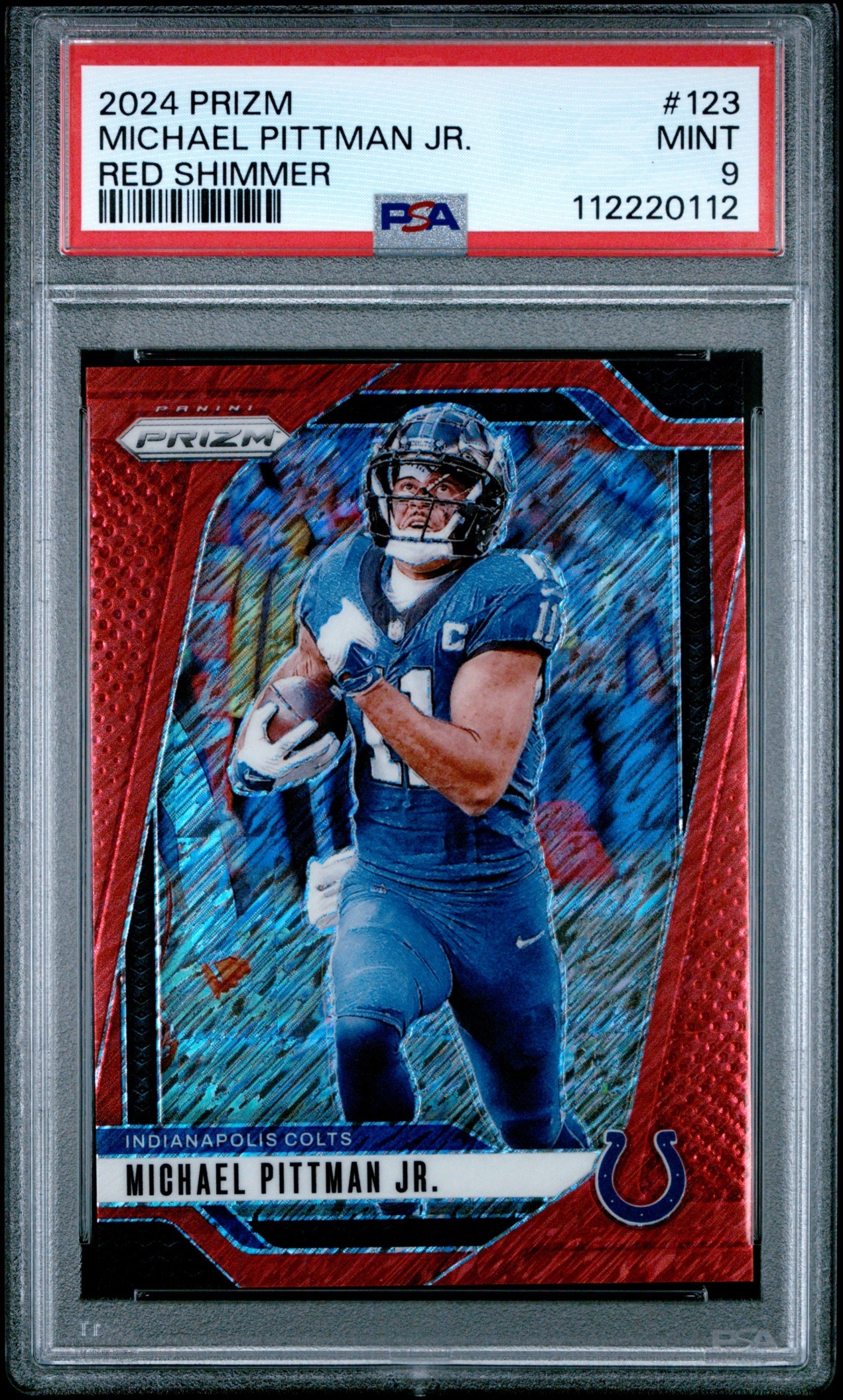 Card image for 2024 Panini Prizm Michael Pittman Jr. Red Shimmer /35 #123 Colts