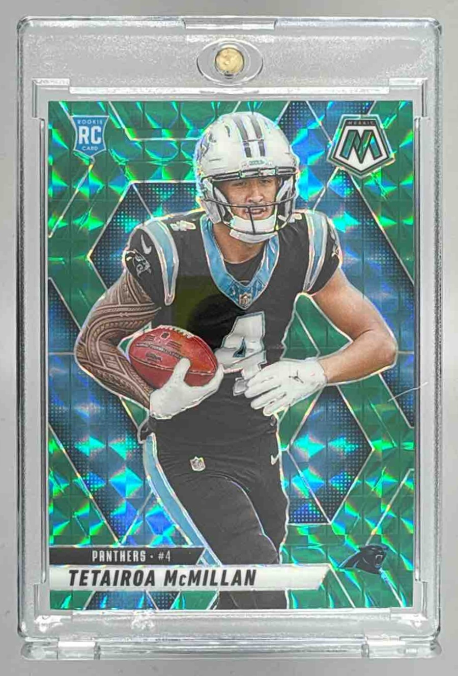 Card image for 2025 Panini Mosaic Tetairoa McMillan Rookies Green Prizm #309 RC Panthers