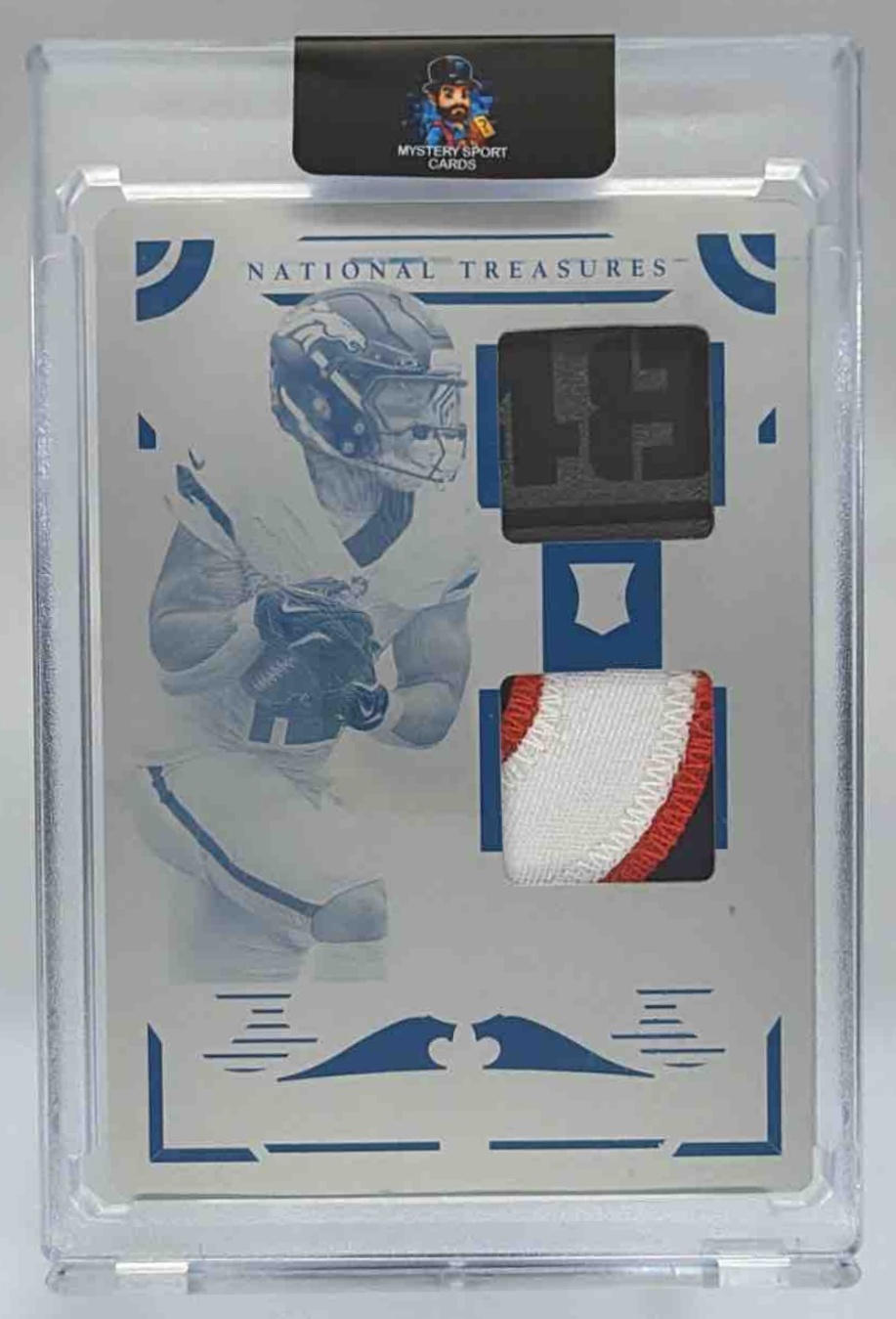 Card image for 2025 Panini National Treasures RJ Harvey Rookie Dual Materials Printing Plates Magenta 1/1 #13 MEM RC Broncos