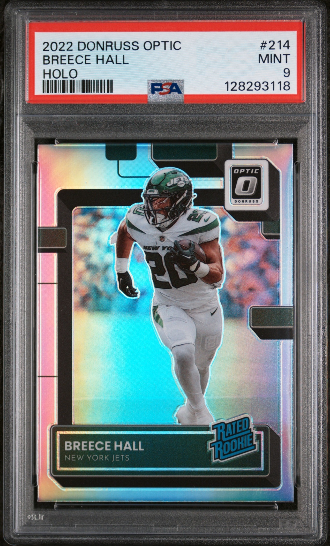 Card image for 2022 Panini Donruss Optic Breece Hall Gold /10 #214 RC Rated Rookie Jets