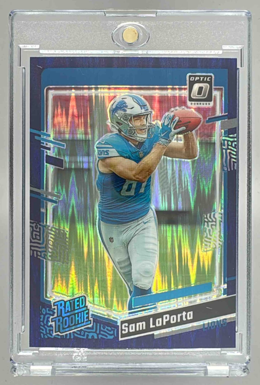 Card image for 2023 Panini Donruss Optic Sam LaPorta Purple Shock Prizm #237 RC Rated Rookie Lions