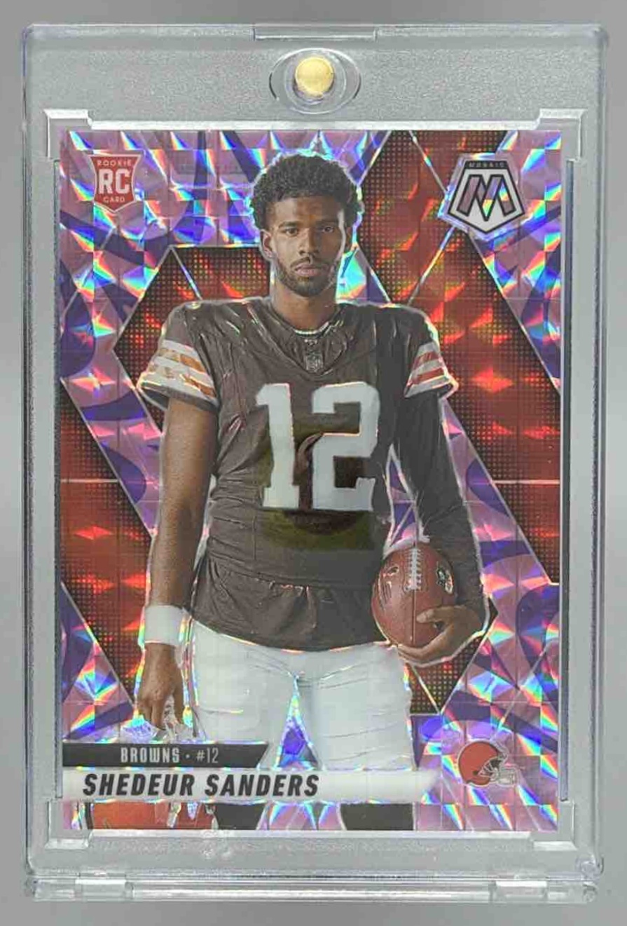 Card image for 2025 Panini Mosaic Shedeur Sanders Rookie Variation Purple Scope Prizm #290 RC Browns