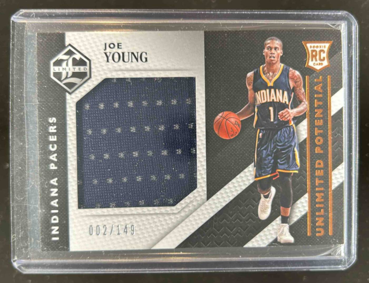 Card image for 2015-16 Panini Limited Joe Young Unlimited Potential Materials 2 /149 #37 RC