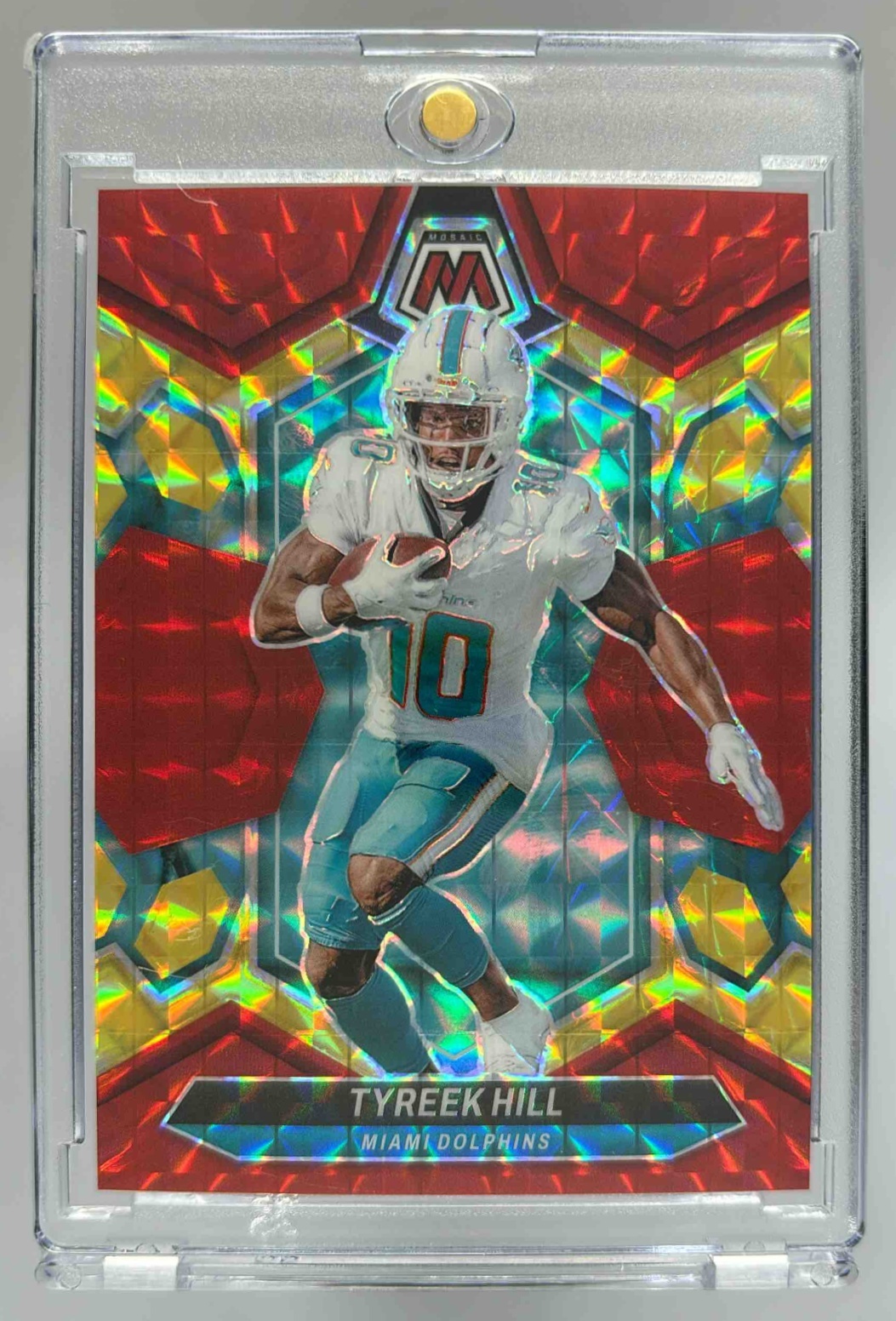 Card image for 2024 Panini Mosaic Tyreek Hill Choice Fusion Red and Yellow Prizm /80 #137 Dolphins