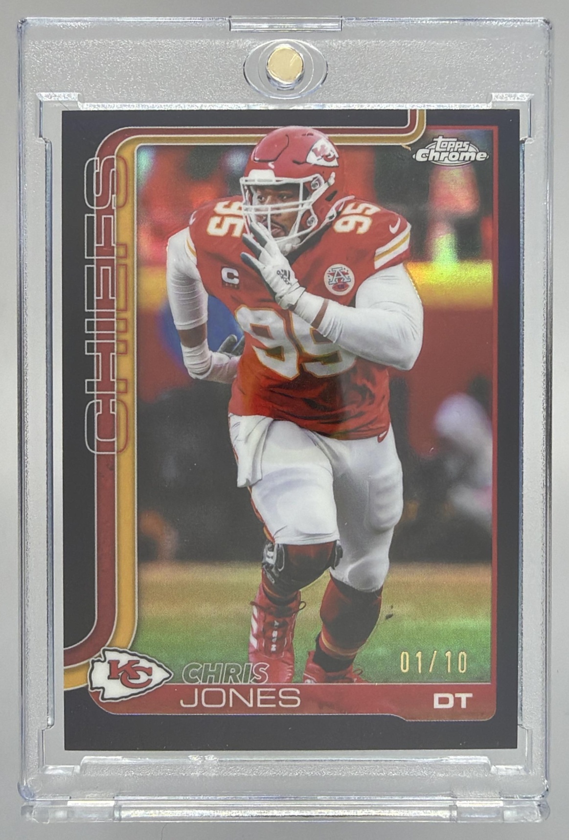 Card image for 2025 Topps Chrome Chris Jones Black Refractor /10 #153 Chiefs
