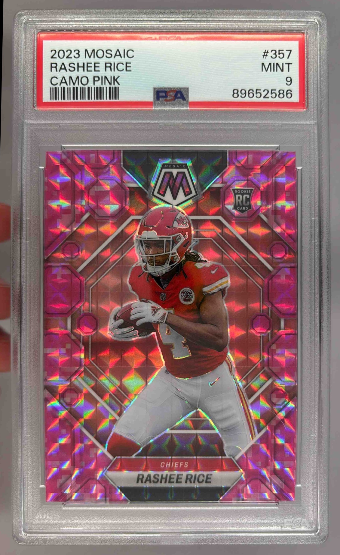 Card image for 2023 Panini Football Mosaic Rashee Rice Camo Pink #357 RC Kansas City Chiefs