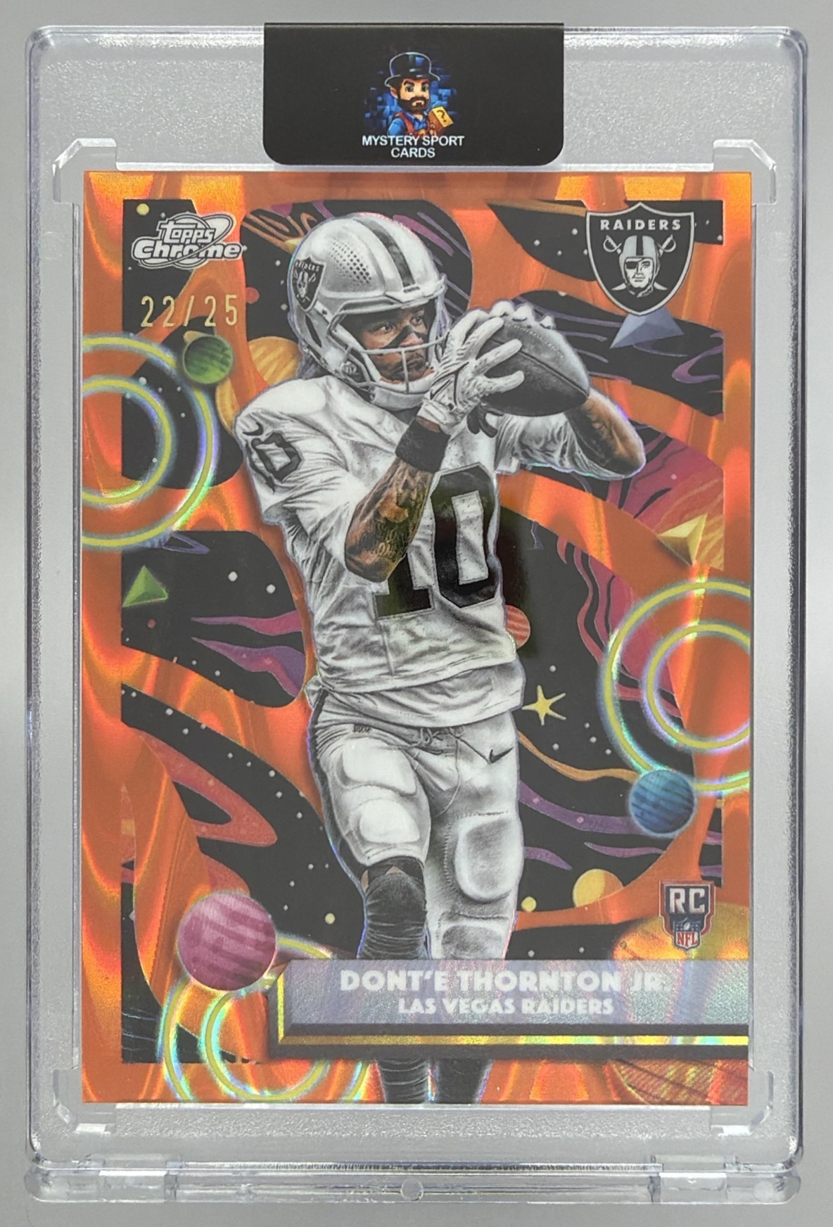 Card image for 2025 Topps Cosmic Chrome Dont'e Thornton Jr. Orange Galactic Refractor /25 #154 RC Raiders