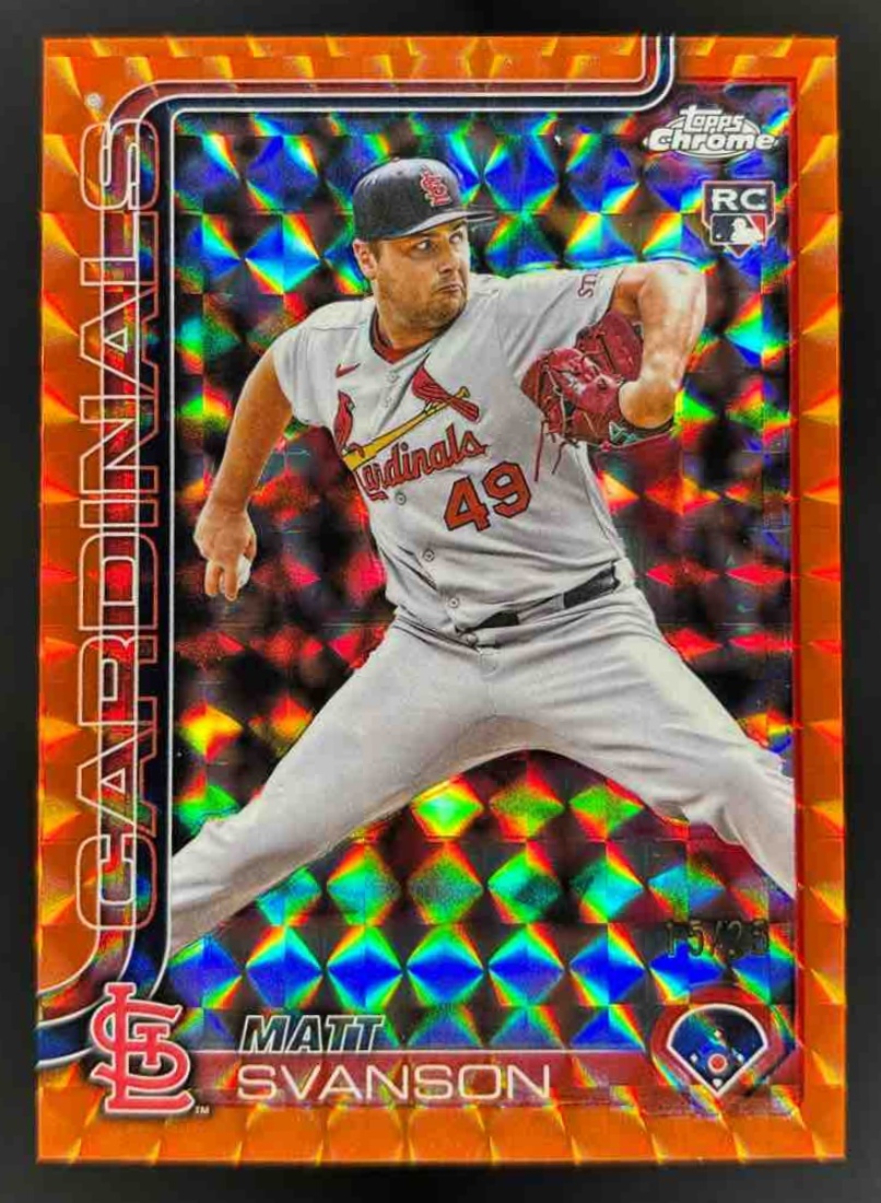 Card image for 2025 Topps Chrome Update Matt Svanson Orange Geometric Refractor /25 RC
