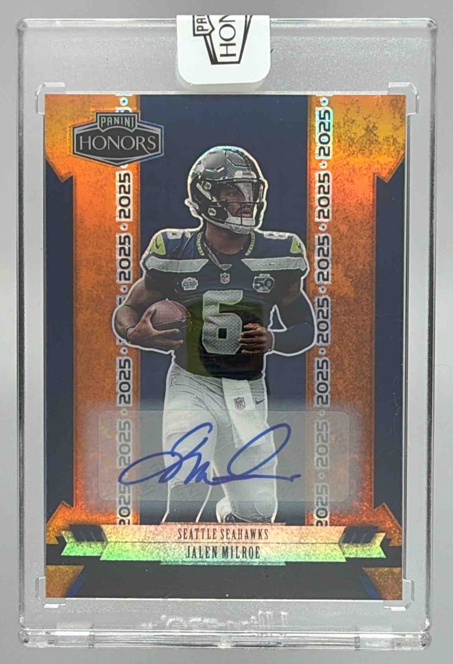 Card image for 2025 Panini Honors Jalen Milroe 2002 Rookies Signatures Orange /25 #9 RC Auto Seahawks