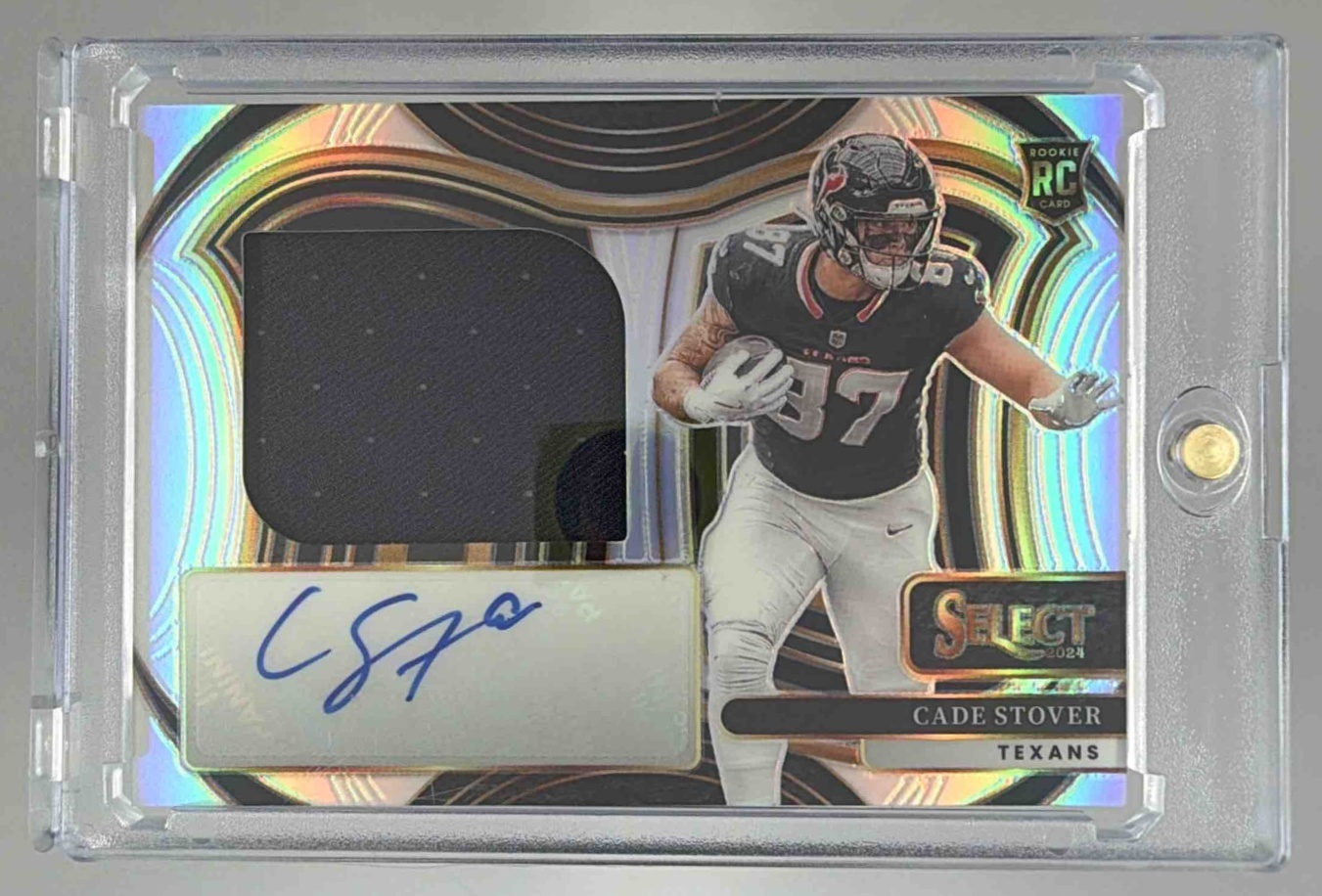 Card image for 2024 Panini Select Cade Stover Jumbo Rookie Signature Swatch /99 #JRSS-CSR MEM RC Auto Texans