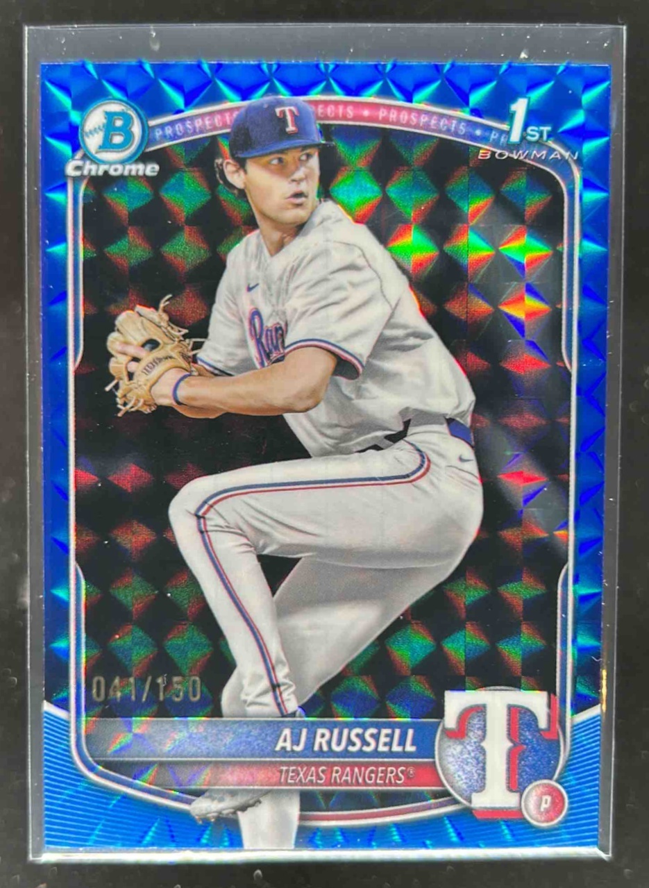 Card image for AJ Russell 2025 Bowman Draft Chrome Blue Geometric Refractor /150